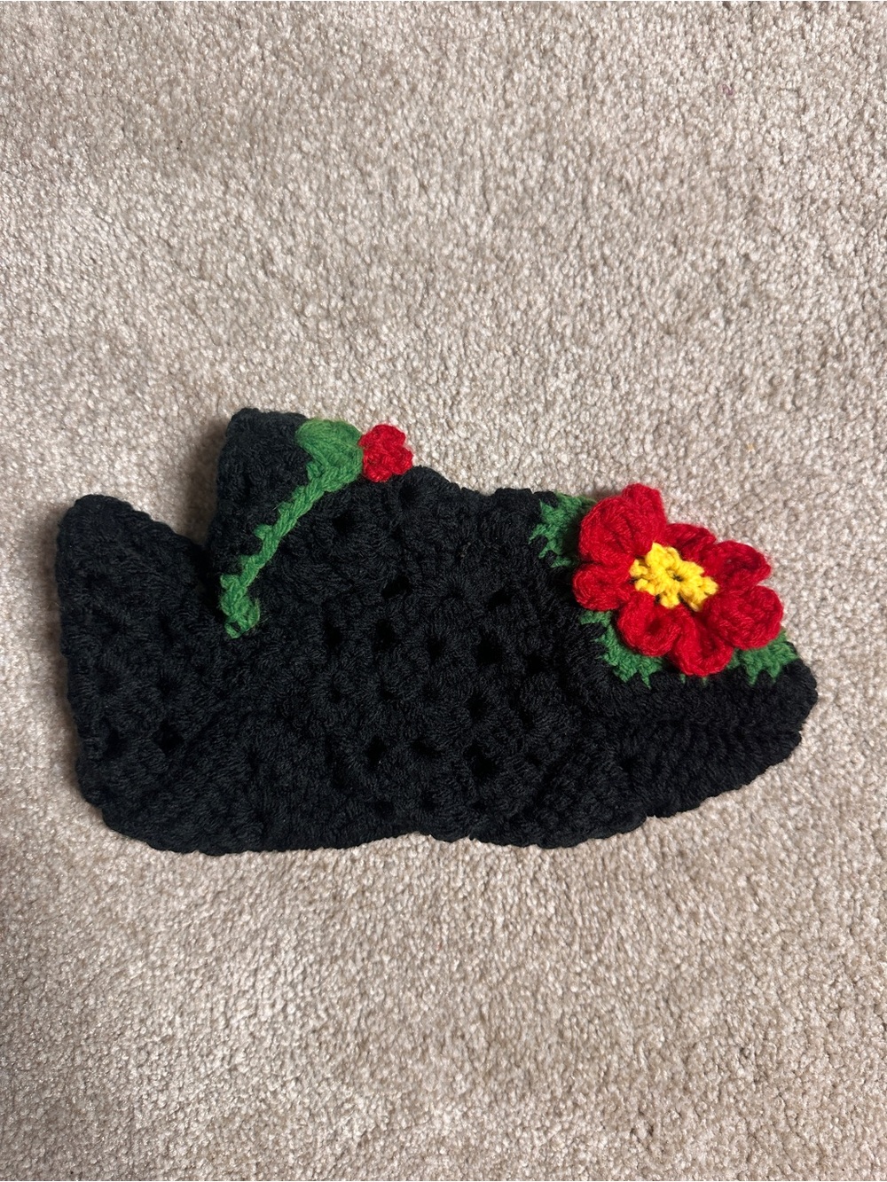 Handmade Black Crochet Slipper with Red Flower Accent